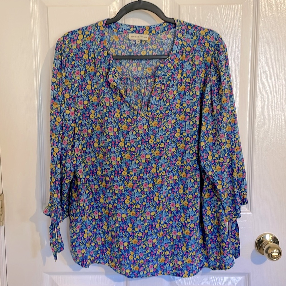 Adrienne Vittadini Blue Floral Print V-Neck 3/4 Tie Sleeve Blouse Size 1X